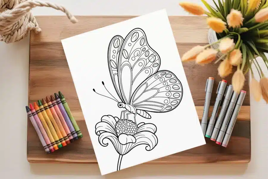 Line Drawing Of A Butterfly On A Flower.