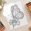 Line Drawing Of A Butterfly On A Flower.