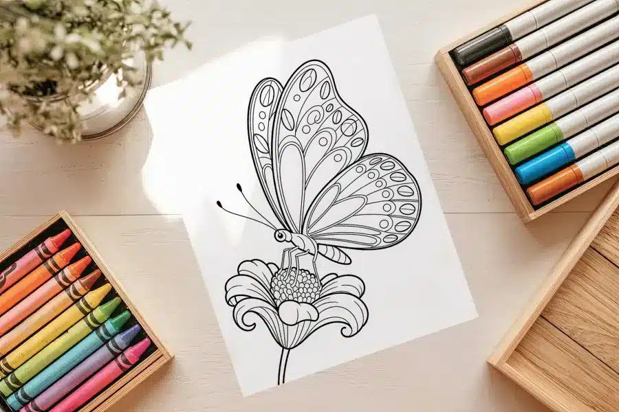Line Drawing Of A Butterfly On A Flower.