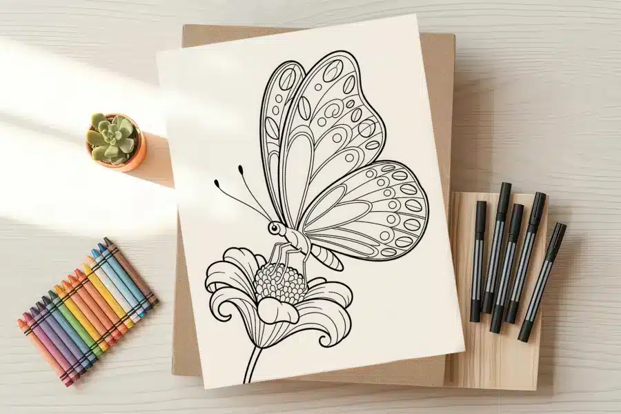 Line drawing of a butterfly on a flower.