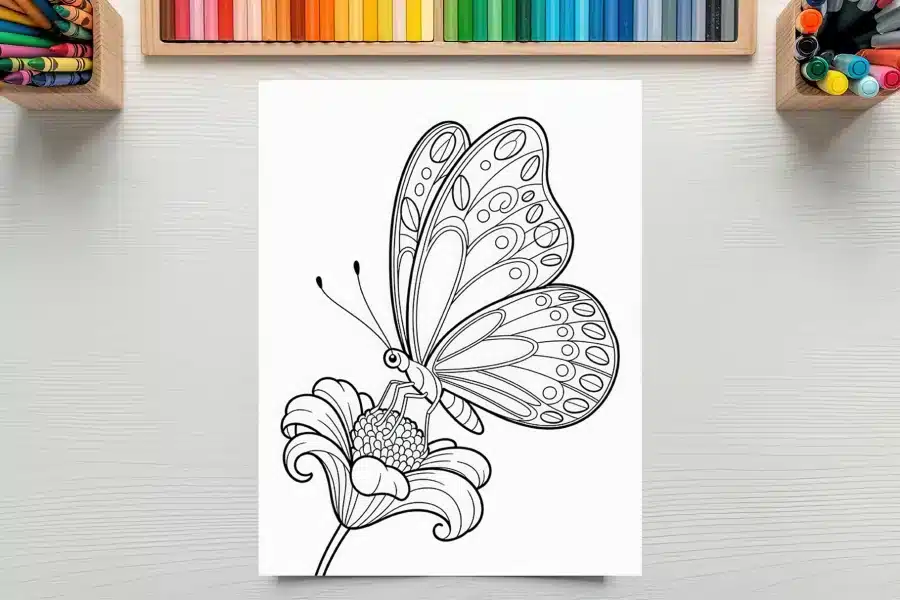 Line Drawing Of A Butterfly On A Flower.