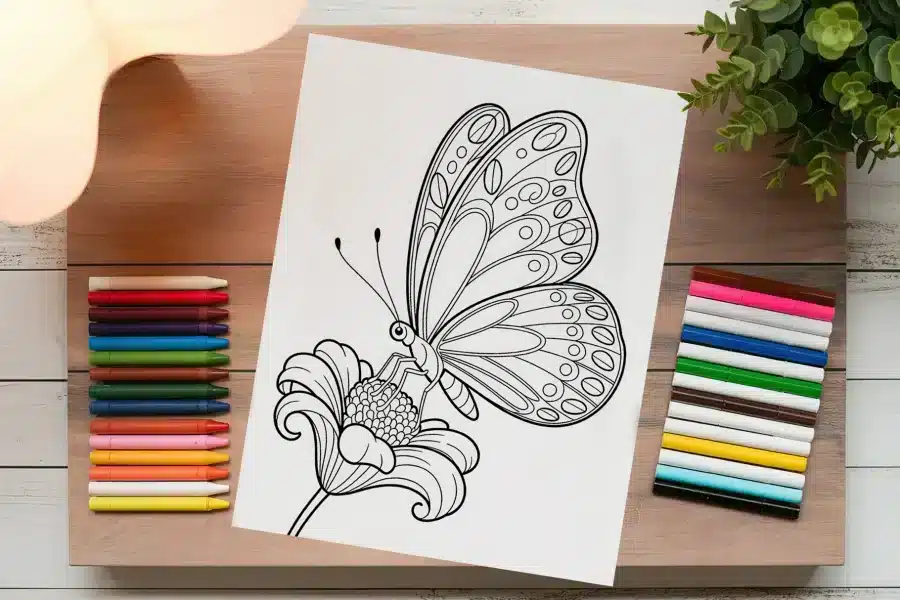 Line Drawing Of A Butterfly On A Flower.