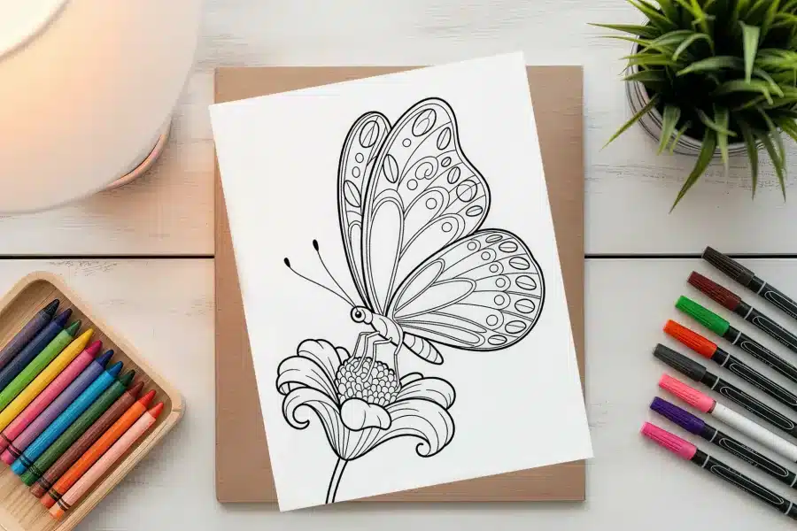 Intricate Line Drawing Of A Butterfly On A Flower.