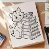 Line Drawing Of A Cat Sitting Next To A Stack Of Books With A Teacup On Top.