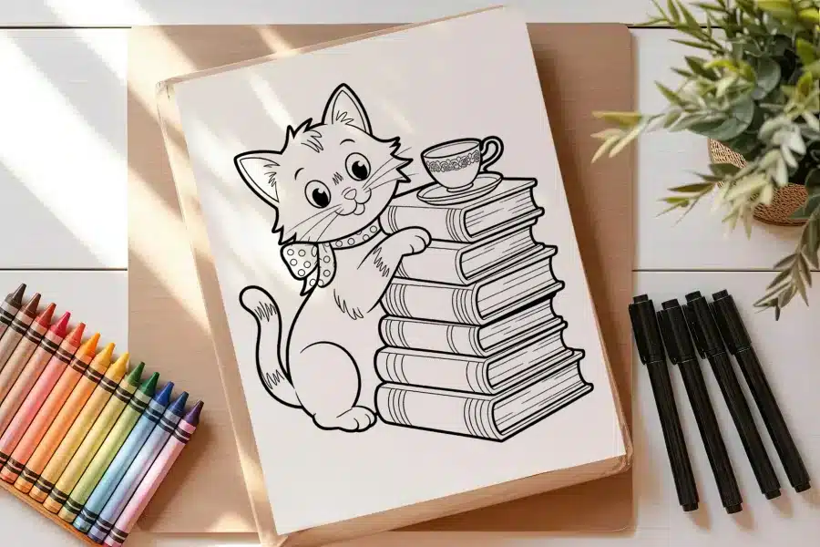 Line Drawing Of A Cat Sitting Next To A Stack Of Books With A Teacup On Top.