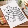 Coloring Page Of A Cute Cat Sitting On A Stack Of Books With A Teacup On Top.