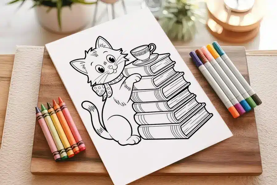 Coloring Page Of A Cute Cat Sitting On A Stack Of Books With A Teacup On Top.