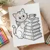A Cute Cartoon Cat Sitting Next To A Stack Of Books With A Teacup On Top.