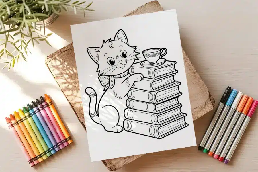 A Cute Cartoon Cat Sitting Next To A Stack Of Books With A Teacup On Top.