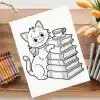 A Coloring Page Featuring A Cute Cat Sitting Next To A Stack Of Books And A Teacup.