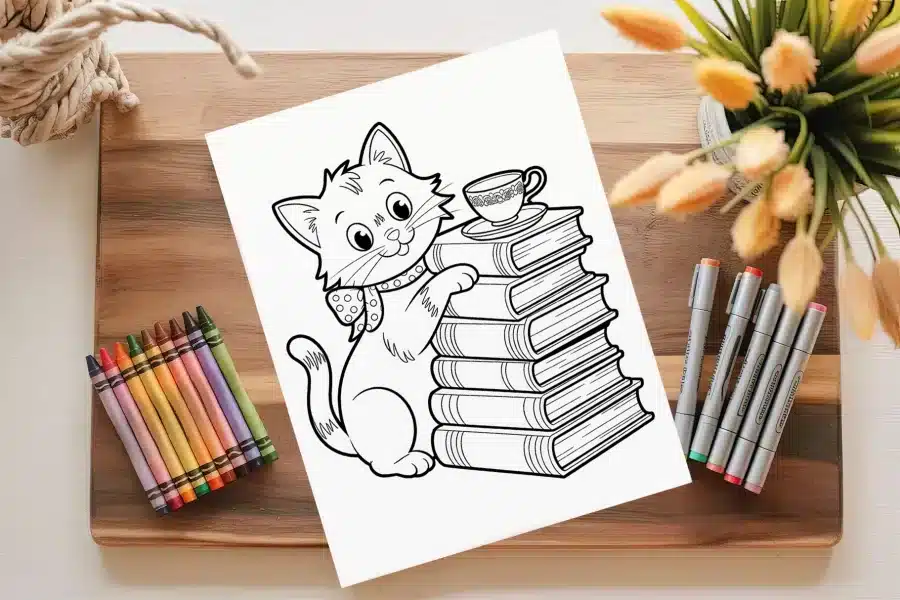 A Coloring Page Featuring A Cute Cat Sitting Next To A Stack Of Books And A Teacup.