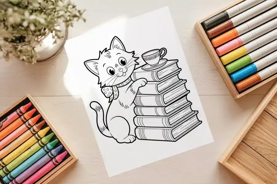A Cute Cartoon Cat Sitting Next To A Stack Of Books And A Teacup.