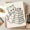 Cat With Books And Teacup Coloring Page - Free Printable Aesthetic Coloring Sheet Of Cat, Books, And Tea