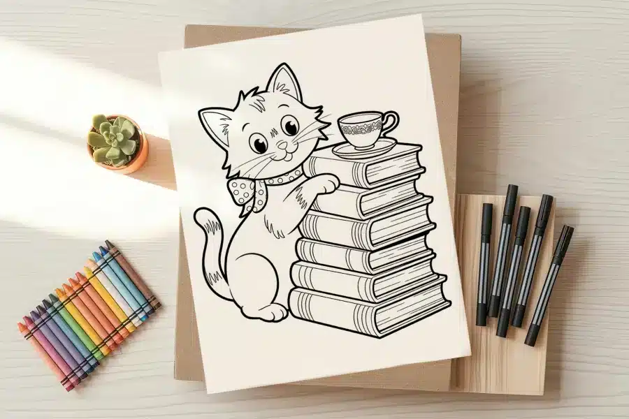 Cat with Books and Teacup Coloring Page - free printable aesthetic coloring sheet of cat, books, and tea