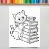 Line Drawing Of A Cat Sitting Next To A Stack Of Books With A Teacup On Top.