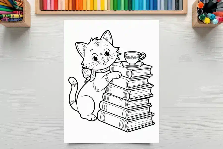 Line drawing of a cat sitting next to a stack of books with a teacup on top.
