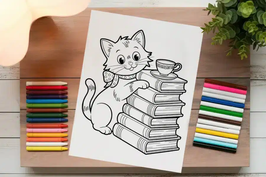 Coloring Page Of A Cat Sitting On A Stack Of Books With A Teacup And Saucer.