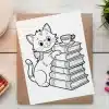 A Coloring Page Featuring A Cute Cartoon Cat Sitting Next To A Stack Of Books With A Teacup On Top.