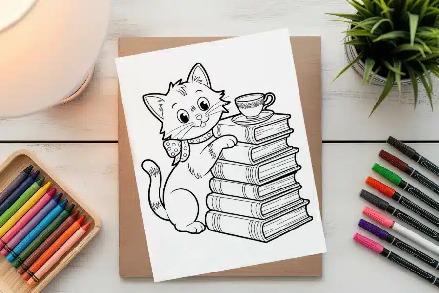 A Coloring Page Featuring A Cute Cartoon Cat Sitting Next To A Stack Of Books With A Teacup On Top.
