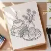 Line Drawing Of Coffee, Pastries, And Flowers On Books.