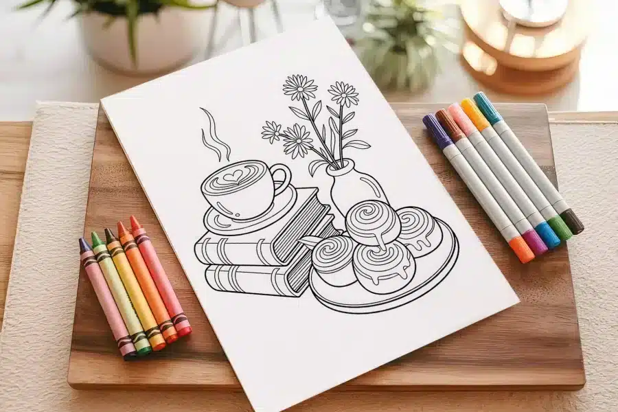 A Coloring Page Depicting A Coffee Cup On A Stack Of Books, Next To A Vase Of Flowers And A Plate Of Cinnamon Rolls.