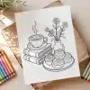 Line Drawing Of A Coffee Cup, Cinnamon Rolls, And Flowers In A Vase Atop A Stack Of Books.