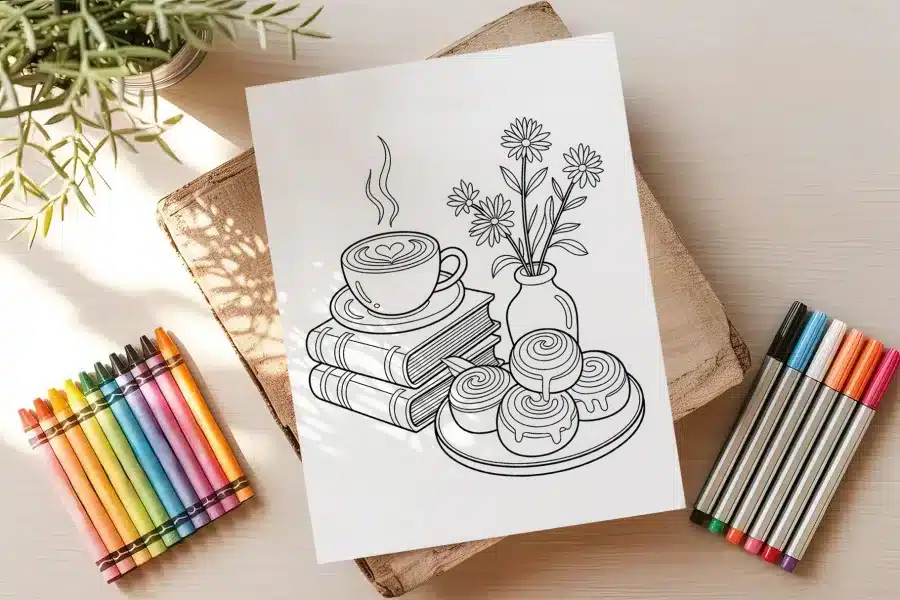 Line Drawing Of A Coffee Cup, Cinnamon Rolls, And Flowers In A Vase Atop A Stack Of Books.