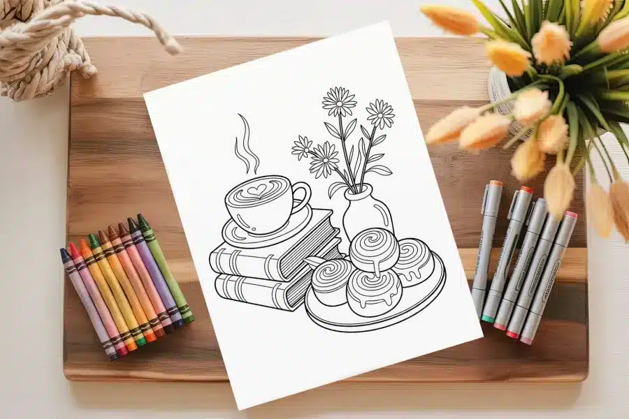 Coffee Books and Flowers Coloring Page - free printable aesthetic adult coloring sheet with coffee, books, sweets, and daisies
