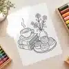 Line Drawing Of A Coffee Cup On A Stack Of Books, Next To A Vase Of Flowers And A Plate Of Cinnamon Rolls.