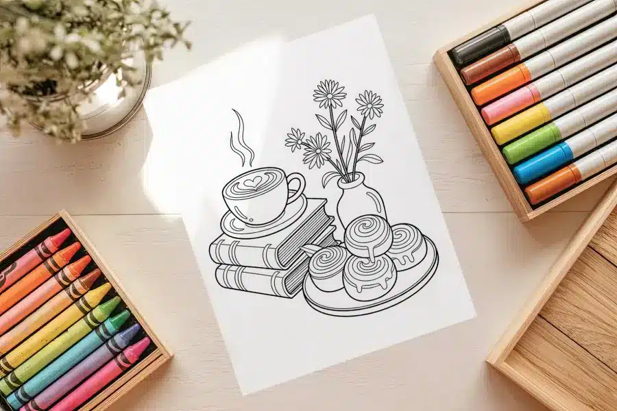 Line Drawing Of A Coffee Cup On A Stack Of Books, Next To A Vase Of Flowers And A Plate Of Cinnamon Rolls.