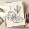 Line Drawing Of A Coffee Cup, Cinnamon Rolls, Books, And Flowers In A Vase.