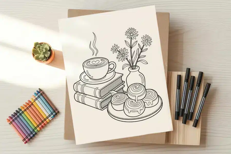 Line drawing of a coffee cup, cinnamon rolls, books, and flowers in a vase.