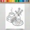 Line Drawing Of A Coffee Cup On Books, Cinnamon Rolls On A Plate, And Flowers In A Vase.