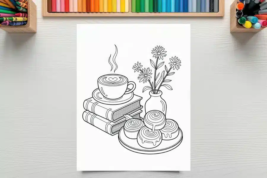 Line Drawing Of A Coffee Cup On Books, Cinnamon Rolls On A Plate, And Flowers In A Vase.