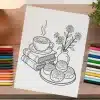 Line Art Coloring Page Depicting A Cup Of Coffee On A Stack Of Books, Next To A Vase Of Flowers And A Plate Of Cinnamon Rolls.