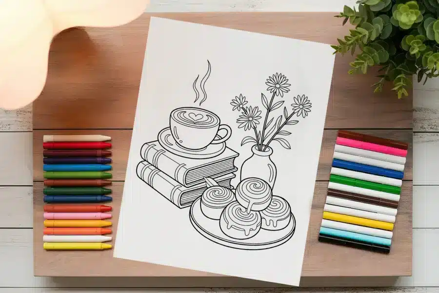 Line Art Coloring Page Depicting A Cup Of Coffee On A Stack Of Books, Next To A Vase Of Flowers And A Plate Of Cinnamon Rolls.