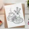 Line Drawing Of A Coffee Cup, Cinnamon Rolls, A Flower Vase, And Books.