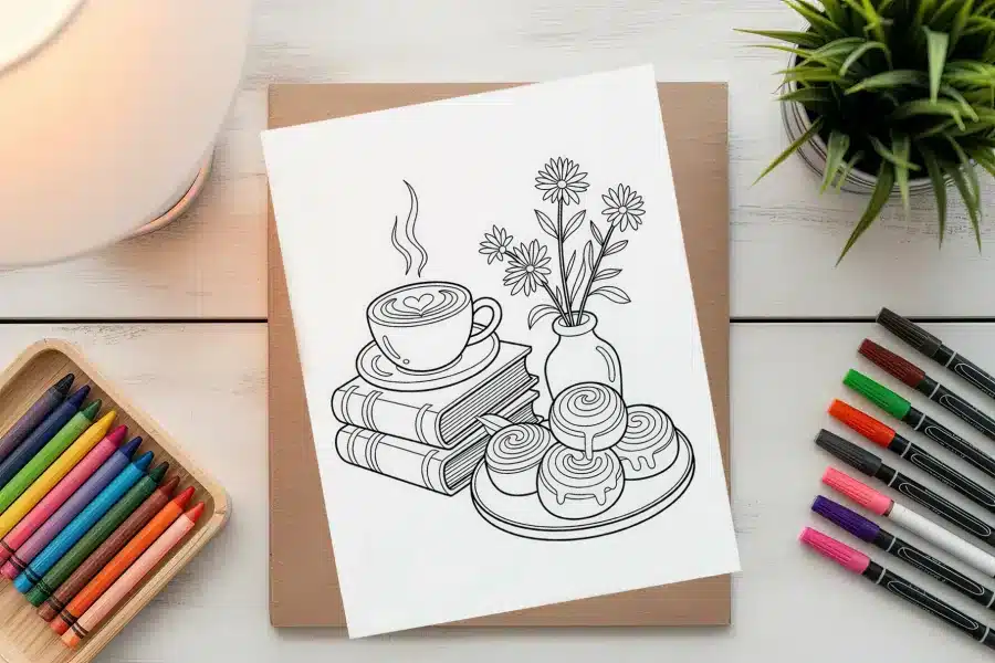 Line Drawing Of A Coffee Cup, Cinnamon Rolls, A Flower Vase, And Books.