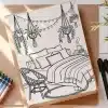 Line Drawing Of A Bedroom Scene With A Bed, Chair, Hanging Plants, And A Side Table.