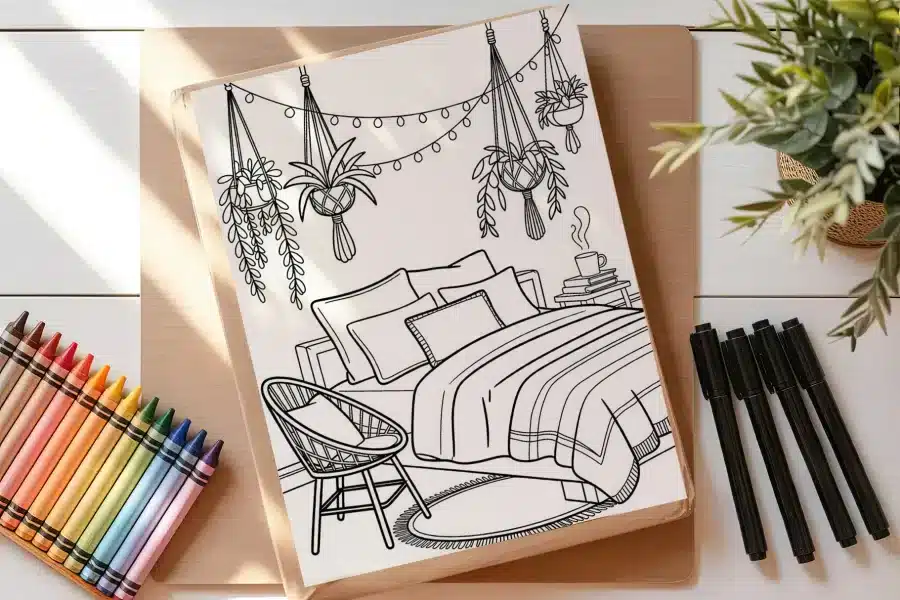 Line Drawing Of A Bedroom Scene With A Bed, Chair, Hanging Plants, And A Side Table.