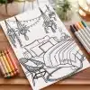 A Coloring Page Depicting A Bedroom With A Bed, Chair, And Hanging Plants.