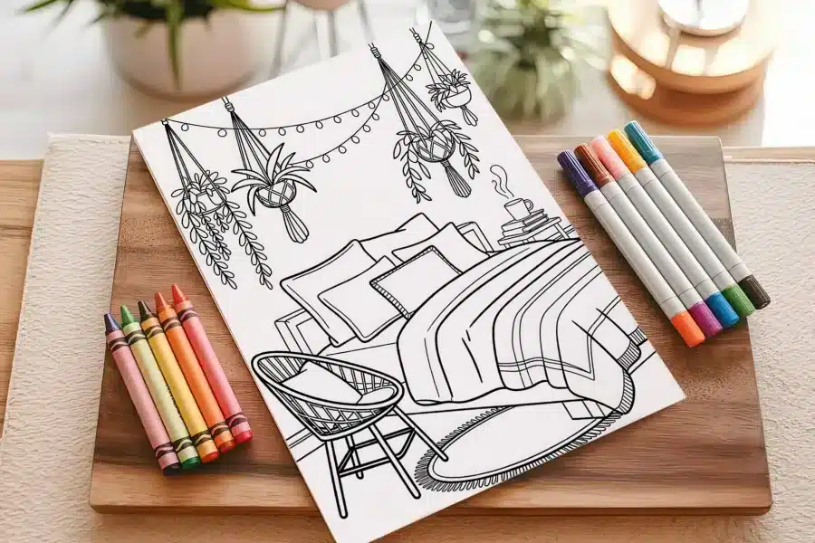 A Coloring Page Depicting A Bedroom With A Bed, Chair, And Hanging Plants.