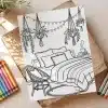Line Drawing Of A Cozy Bedroom Scene With A Bed, Chair, Hanging Plants, And String Lights.