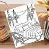 A Coloring Page Featuring A Bed With Pillows And A Blanket, A Chair, A Side Table, And Hanging Plants.