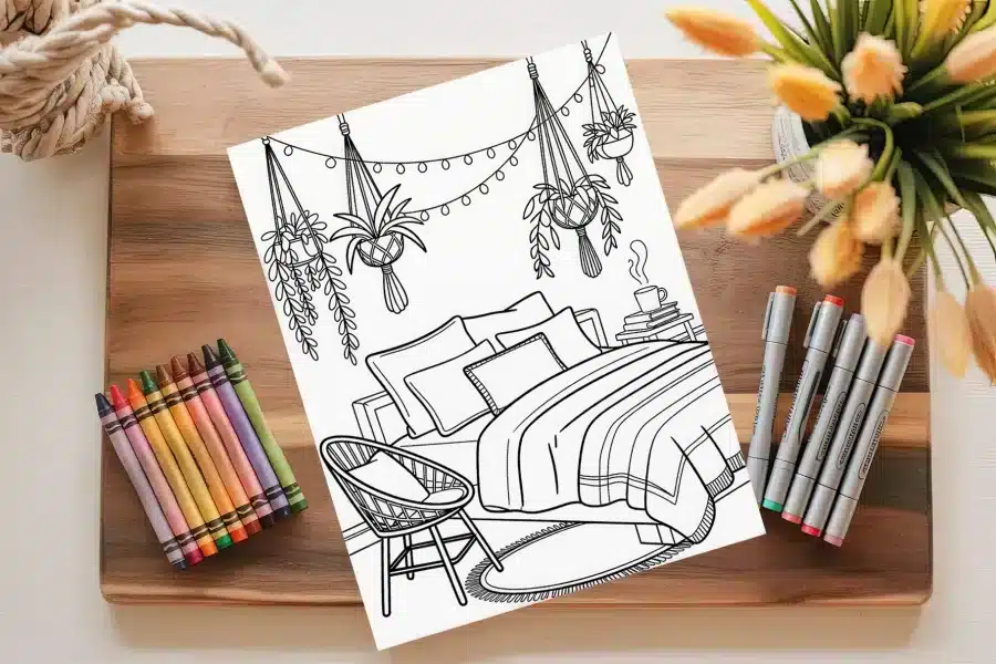 A Coloring Page Featuring A Bed With Pillows And A Blanket, A Chair, A Side Table, And Hanging Plants.