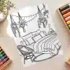 Line Drawing Of A Cozy Bedroom With A Bed, Chair, Hanging Plants, And String Lights.