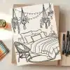 Line Drawing Of A Bedroom Scene With A Bed, Chair, And Hanging Plants.