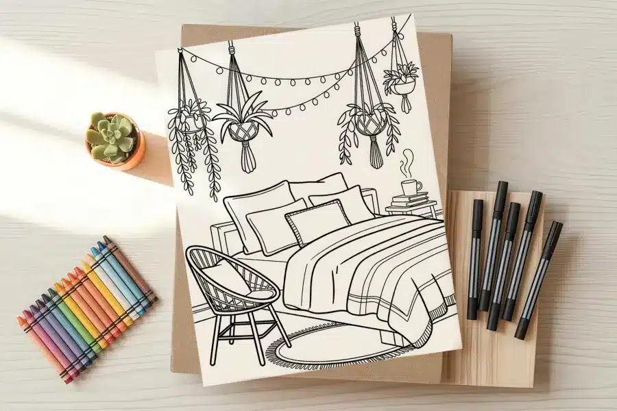 Line drawing of a bedroom scene with a bed, chair, and hanging plants.