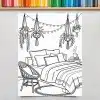 Line Drawing Of A Bedroom With A Bed, Chair, Hanging Plants, And String Lights.