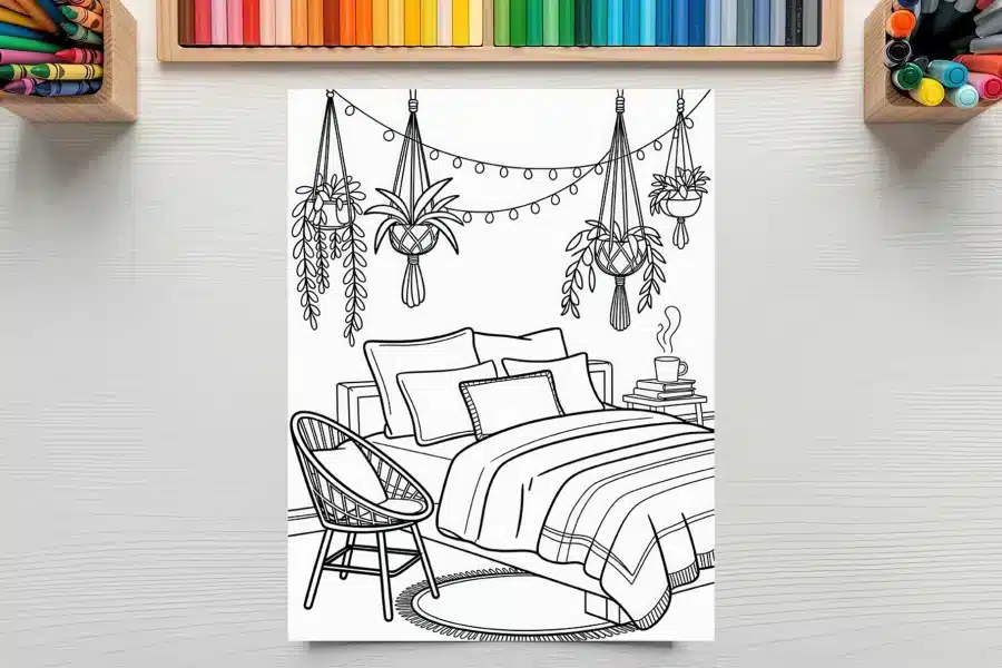 Line Drawing Of A Bedroom With A Bed, Chair, Hanging Plants, And String Lights.